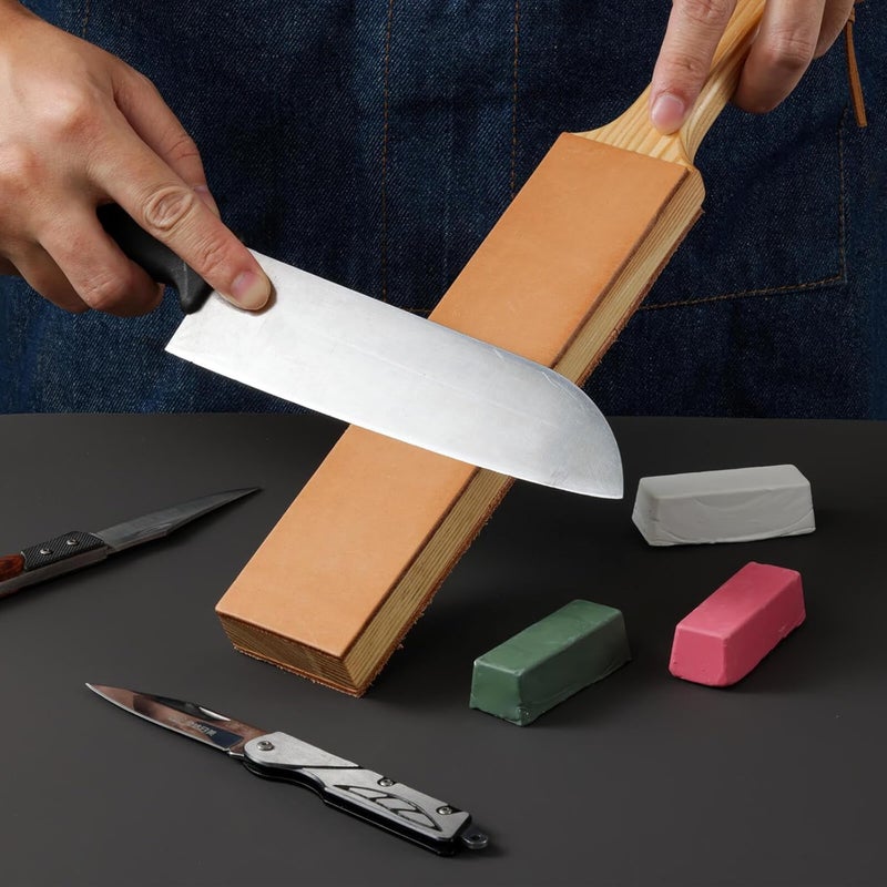 Angerstone Double Side Leather Strop for Knife Sharpening - 14"x 2" Stropping Block Kit with Polishing Compound, Knife Strop with Ergonomic Handle for Honing Knives, Woodworking Chisels - Image 4